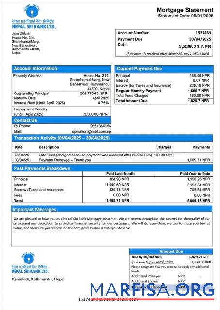 Blank Nepal SBI Bank mortgage statement Word and PDF template